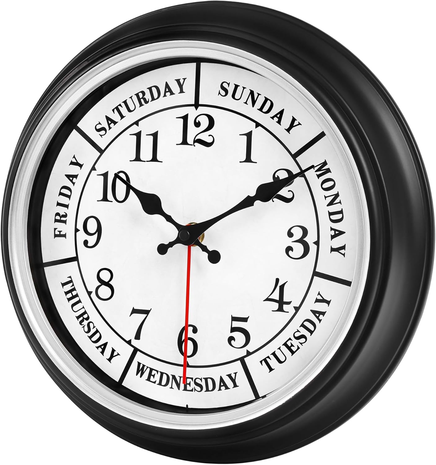 45MinST 12 Inches Retro Wall Clock,Day of The Week Wall Clock,Calendar Day Clock,Silent Non Ticking Battery Operated Movement(Silver)