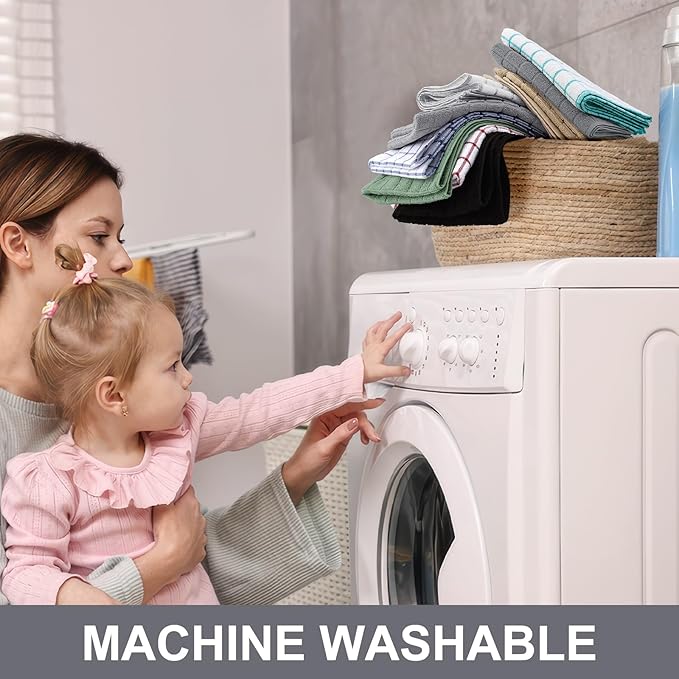 Homaxy Premium Cotton kitchen towels 16"x 28", Large Natural Ring Spun 390 GSM Dish Towels, Super Absorbent Terry Kitchen Hand Towels, Soft Tea Towel with Hanging Loop, Light Grey Check Design, 6 Pack