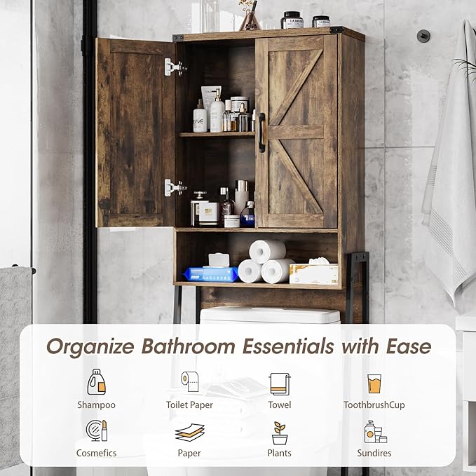 Over The Toilet Storage Cabinet with 2-Door Design Bathroom Organizers and Storage with Anti-Tip Device Over Toilet Organizer with Shelves for Bathroom,Restroom,Laundry Brown