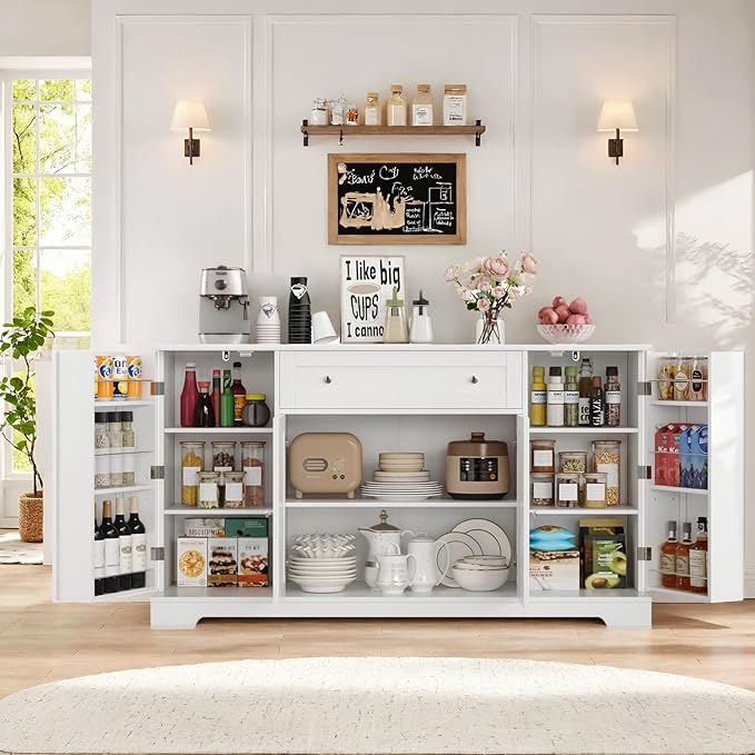 HITHOS 54" Buffet Cabinet with Storage, Modern Kitchen Buffet Sideboard with Drawer, Wood Coffee Bar Station with Adjustable Shelves, Kitchen Storage Cabinet for Living Room, White
