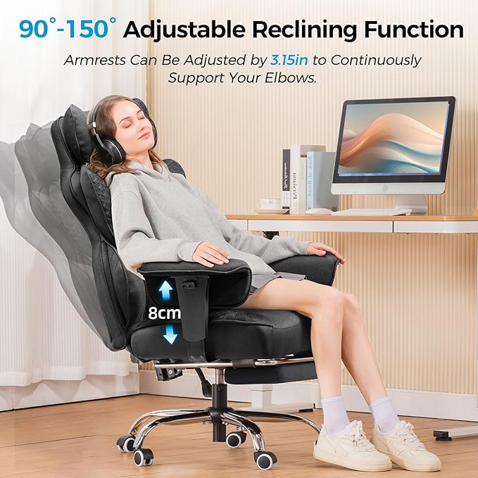 COMHOMA Big and Tall Office Chair 400LBS Wide Ergonomic Fabric Deluxe Embossing Designed Gaming Chair with Foot Rest,150°Reclining Adjustable Armrests Pocket Spring Back Support and Pillow