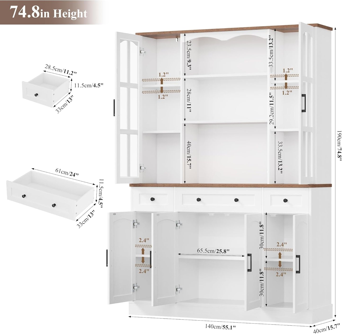 Keyluv 74.8" H Tall Pantry Cabinet with Microwave Stand and 3 Drawers, Large Kitchen Hutch Storage Cabinet with Glass Door and Adjustable Shelves for Kitchen, Dining Room, Living Room, White