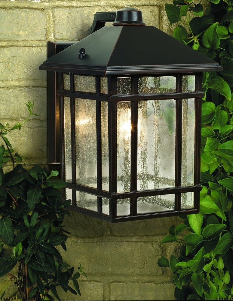 kathy ireland Sierra Craftsman Art Deco Outdoor Wall Light Fixture Rubbed Bronze Brown Steel 11" Frosted Seeded Glass Panels for Exterior House Porch Patio Outside Deck Garage Front Door Home