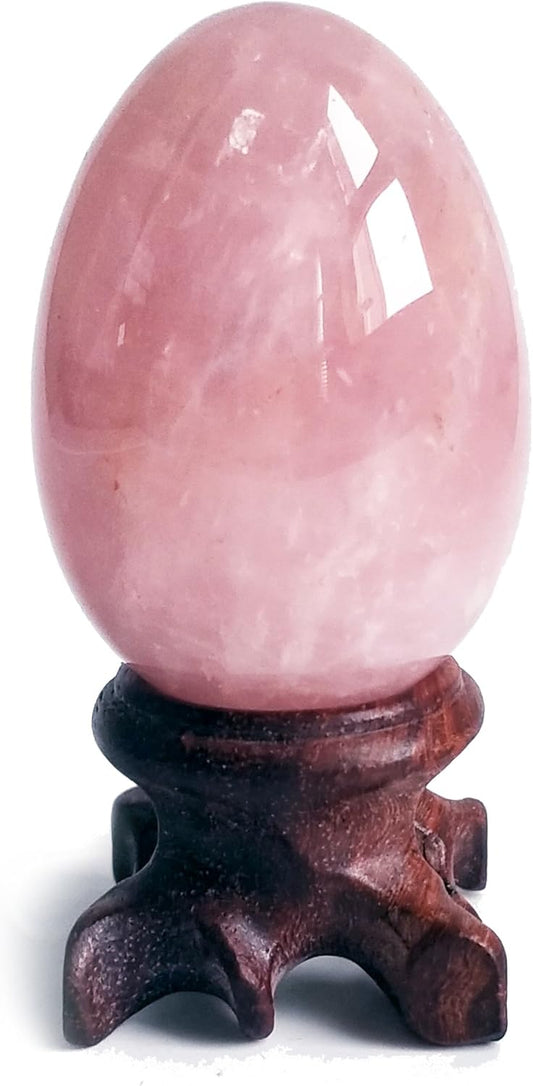 Polar Jade Rose Quartz Gemstone Egg Sphere with Wooden Stand for Healing Meditation Chakra Balancing and Home Decoration (L Size)