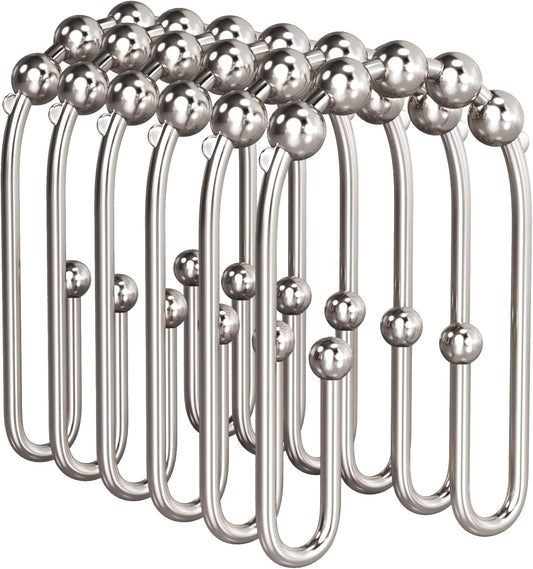 AmazerBath Shower Curtain Hooks, Metal Shower Curtain Rings Rust Proof, Double Sided Shower Curtain Hooks for Shower Curtain Liner Smooth Brushed Nickel Shower Hook Rings for Bathroom, Set of 12