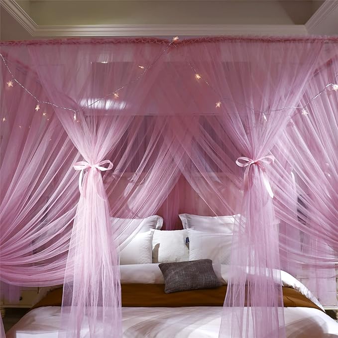 VETHIN 4 Corners Post Princess Bed Canopy Curtain Double Layer Cozy Drape Netting 4 Opening Mosquito Net for Girls & Adults Bedroom Decoration Accessories (Double Pink, 59" W*82" L*82"*H/(Queen))