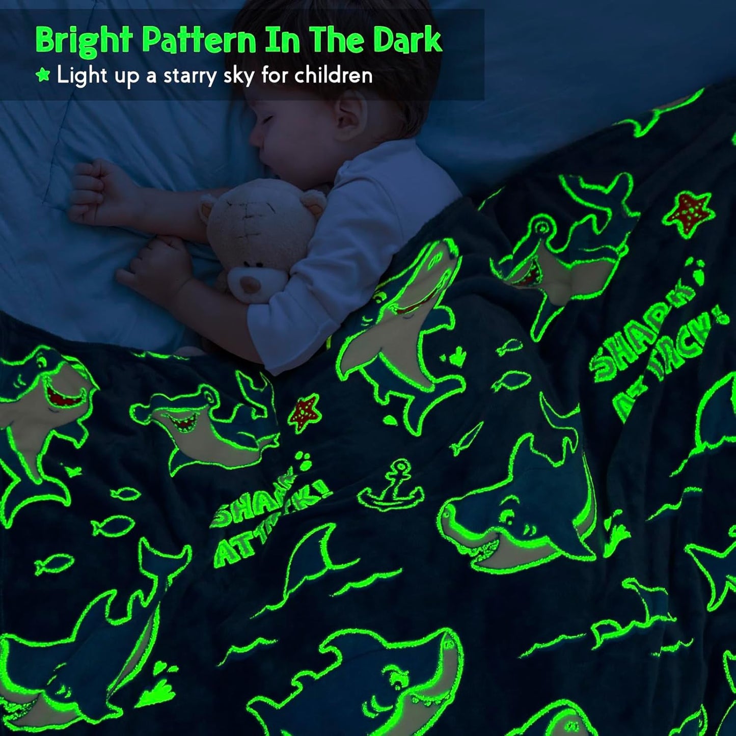 Jekeno Shark Glow in The Dark Blanket Gifts for Girls Boys Christmas Birthday Kids Teens Age 1 2 3 4 5 6 7 8 9 10 12 13 14 15 16 Years Old Child Ocean Anchor Throw Blue 50"x60"
