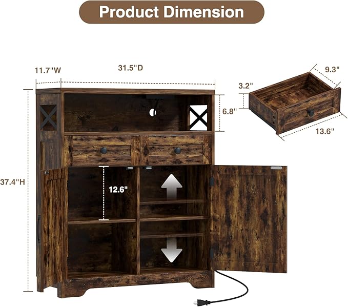 31.5" Rustic Brown Storage Cabinet with Doors and Drawers, Farmhouse Sideboard Buffet Cabinet with Storage, Kitchen Pantry Hutch, Coffee Bar Station Table for Kitchen, Livingroom, Dining Room