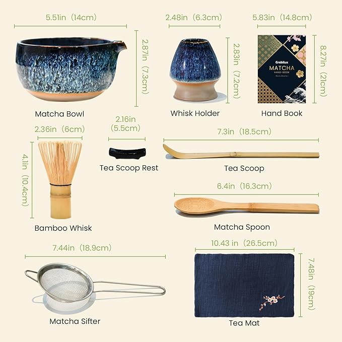 Matcha Whisk Set, Blue Matcha Set (9 Pcs) Includes Matcha Bowl, Whisk & Holder, Scoop, Sifter, Spoon, Scoop Rest, Tea Mat, Hand Book - Ideal Ceramic Matcha Kit for Matcha Lovers