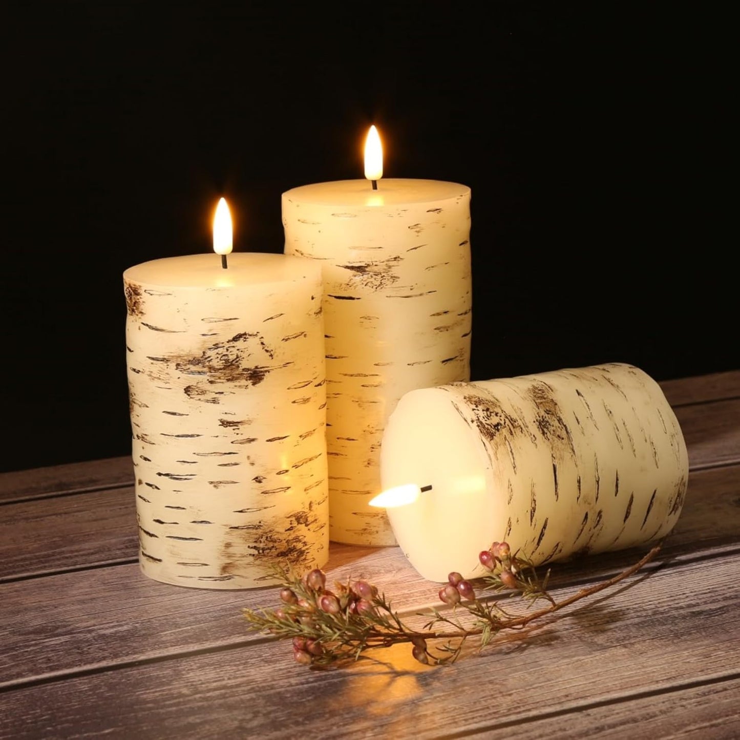 Eywamage Birch Bark Flameless Pillar Candles with Remote, Flickering Rustic Battery LED Wood Candles Set of 3