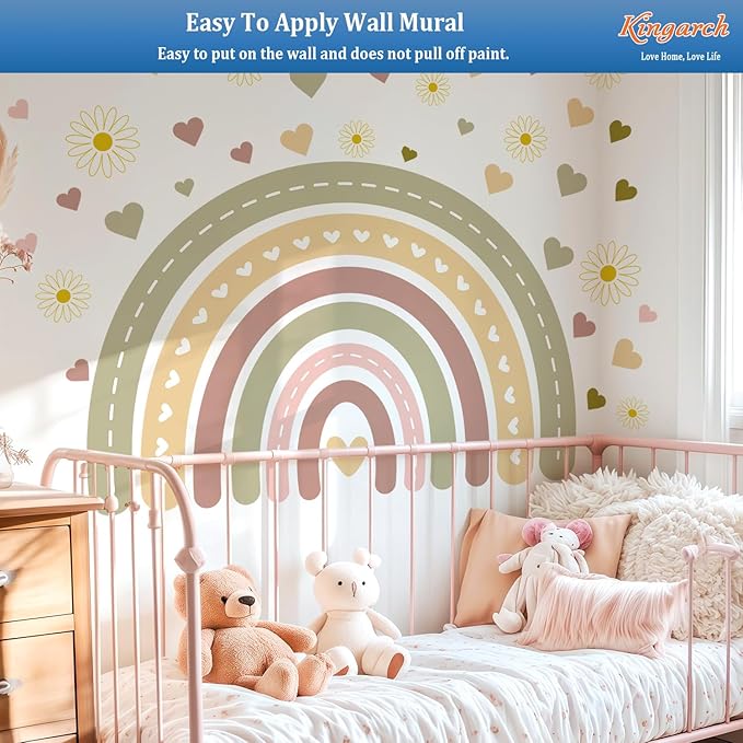 Large Boho Rainbow Wall Decals, Hearts Flowers Peel and Stick Fabric Nursery Wall Decor, Removable Home Room Wall Decor Murals Stickers for Kids Girls Toddler Bedroom Living Room Playroom