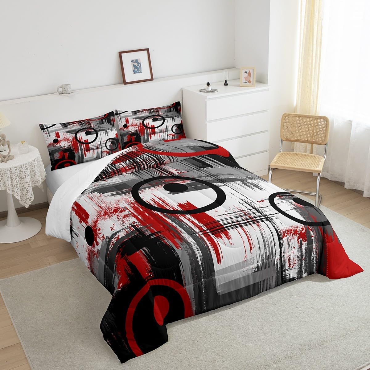 Kids Abstract Comforter Set Full Size Modern Art Bedding Set for Boys Girls Teens Bedroom Decor Geometric Comforter Women Men Geometry Red Black Duvet Set with 2 Pillow Case