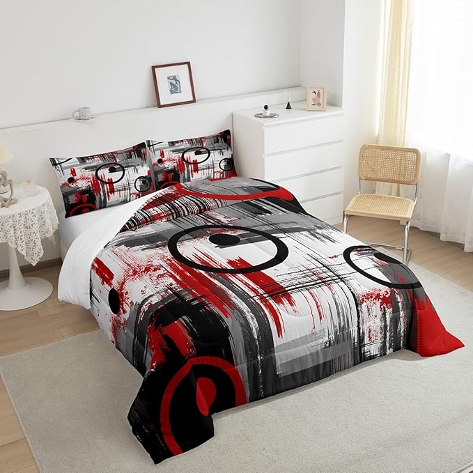 Kids Abstract Comforter Set Full Size Modern Art Bedding Set for Boys Girls Teens Bedroom Decor Geometric Comforter Women Men Geometry Red Black Duvet Set with 2 Pillow Case