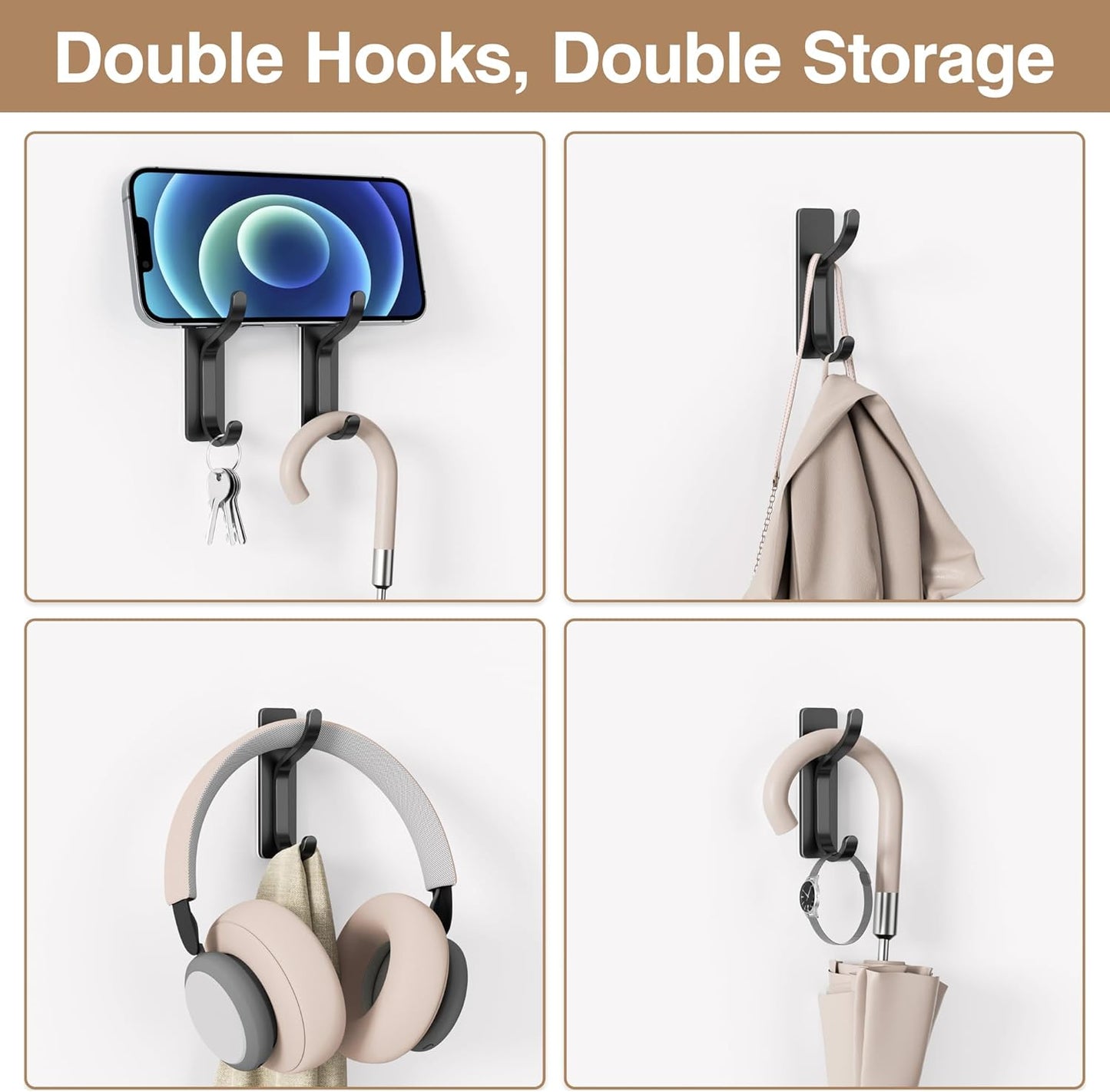 pickpiff Adhesive Wall Hooks for Hanging - 13 LB Strong Hold, Sticky Hanger for Coat, Towel, Purse, Bag - for Wall, Door, Bathroom, Dorm, Shower, Kitchen, Closet - Stainless Metal, Black, 6 Pack