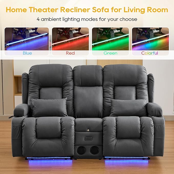 IPKIG 67" Power Reclining Loveseat Sofa, Electric Home Theater Seating with Console/4 Colors Ambient Lighting/Bluetooth Speakers/USB Ports/Built-in Outlets (Dark Grey, Loveseat Recliner)