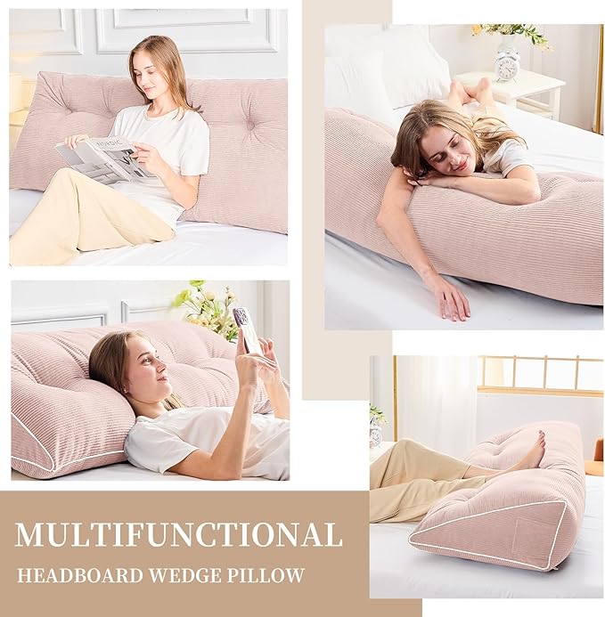 Sasttie Headboard Pillow Full, Wedge Pillow Headboard for Sitting Up in Bed, Back-Rest Support Triangular Cushion for Reading - Features Removable Washable Cover, Pink