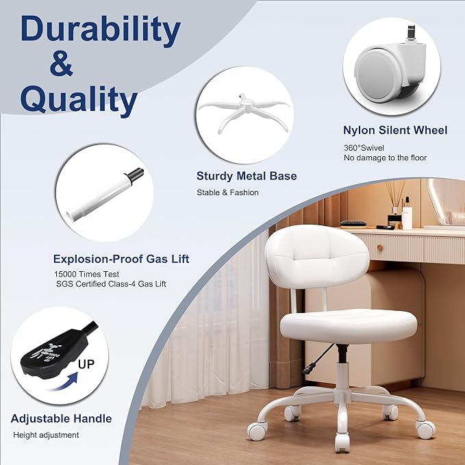 Misolant Vanity Chair with back, Small Armless Cute office Chair with wheels and Lumbar support, Comfy PU Leather Desk Computer Chairs with Adjustable Height, 360°Swivel for Home Bedroom Office, White