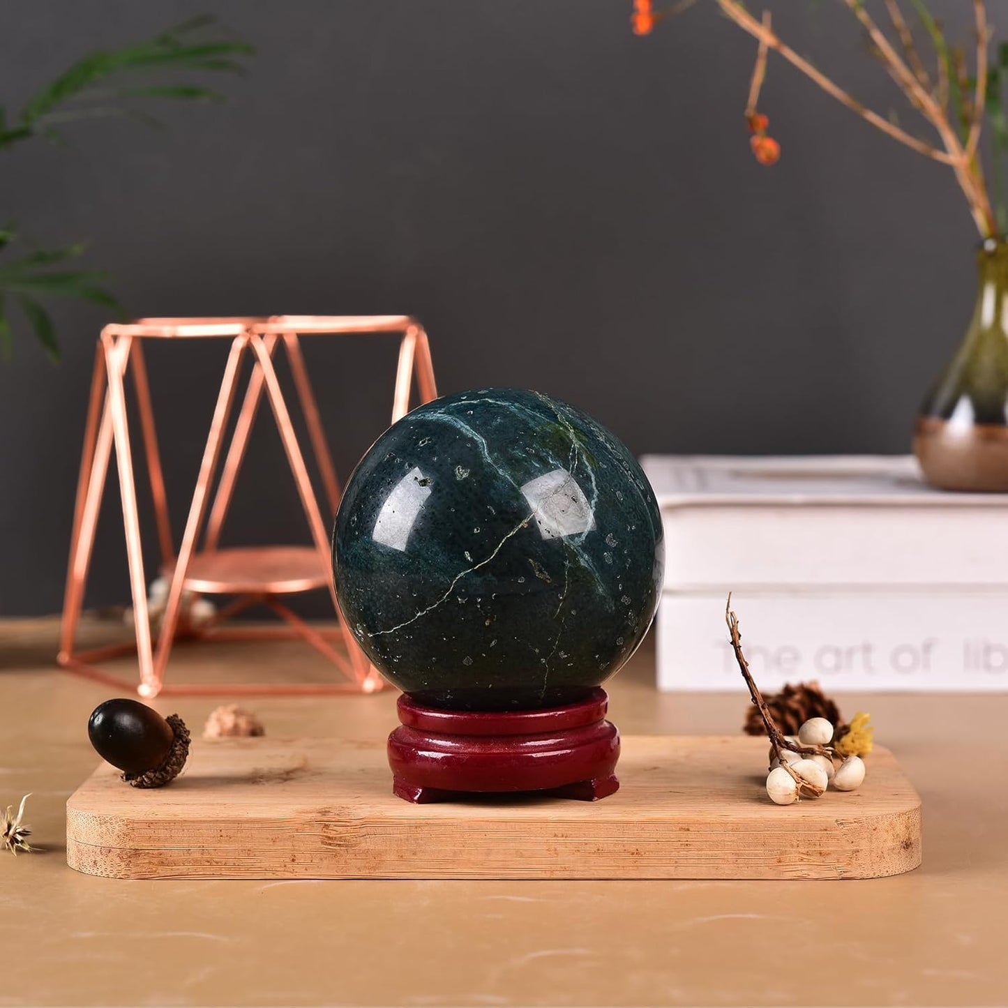 JIC Gem Natural Ocean Jasper Crystal Sphere Crystal Decorative Ball with Wooden Stand Meditation Balls for Witchcraft Reiki Healing Gift 60-70mm