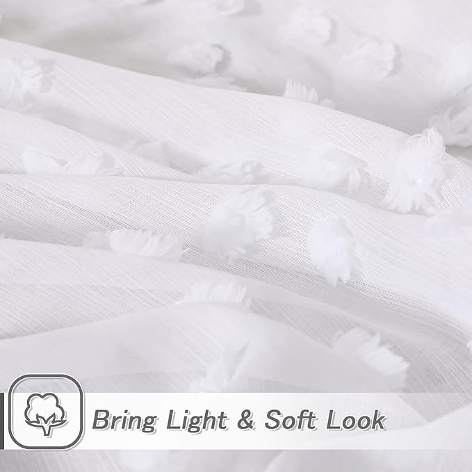 MYSKY HOME White Sheer Short Curtains with Pom Pom for Small Windows Bedroom Nursery Kids Girls Room Curtains Cafe Kitchen Light Filtering Boho Drapes, Rod Pocket,38 x 54 Inches, 2 Panels
