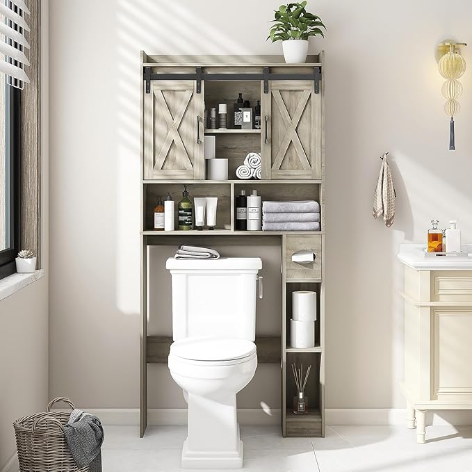 Over The Toilet Storage Cabinet, Farmhouse Storage Cabinet Over Toilet with Sliding Door& Toilet Paper Holder Stand，Home Space-Saving Toilet Rack, for Bathroom, Restroom, Laundry