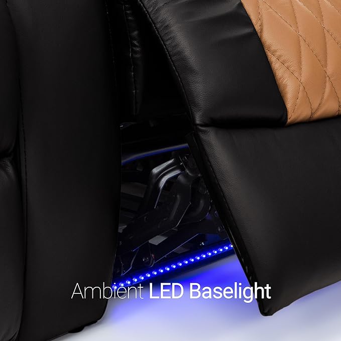 Seatcraft Diamante - Home Theater Seating - Living Room - Power Recline - Italian Leather - Powered Headrests - Cupholders - USB Charging - Ambient Lighting - Arm Storage, Black/Tan Oak, Row of 2