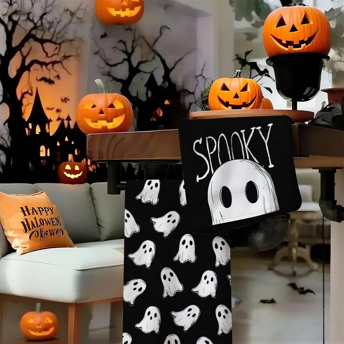 Halloween Kitchen Towels, Black White Spooky Ghost Dish Towels, Hand Towels Holiday Home Indoor Bathroom Party Seasonal Decorations Set of 2, 18x26 Inch
