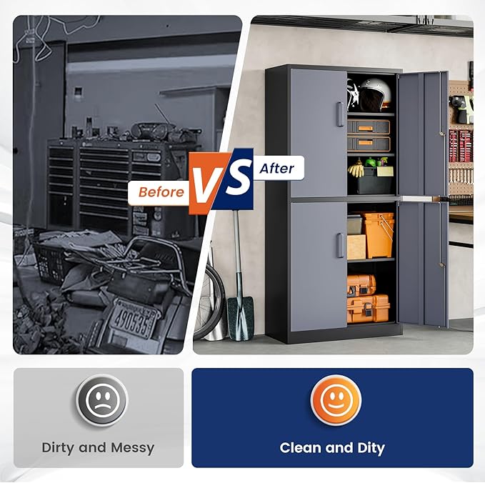 Yizosh Metal Storage Locking Cabinet with 4 Doors and 2 Adjustable Shelves,71" Lockable Garage Tall Steel Cabinet,for Home Office,Living Room,Pantry,Gym,Commercial Storage (Gray Black)