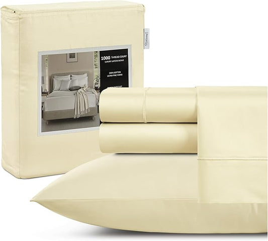 1000 Thread Count 100 % Cotton Full Bed Sheet Set, Ultrasoft & Lightweight, Breathable Hotel Sheets Full Size Bed Cotton, Deep Pocket Sheets For Full Bed fits mattresses upto 17"- Ivory