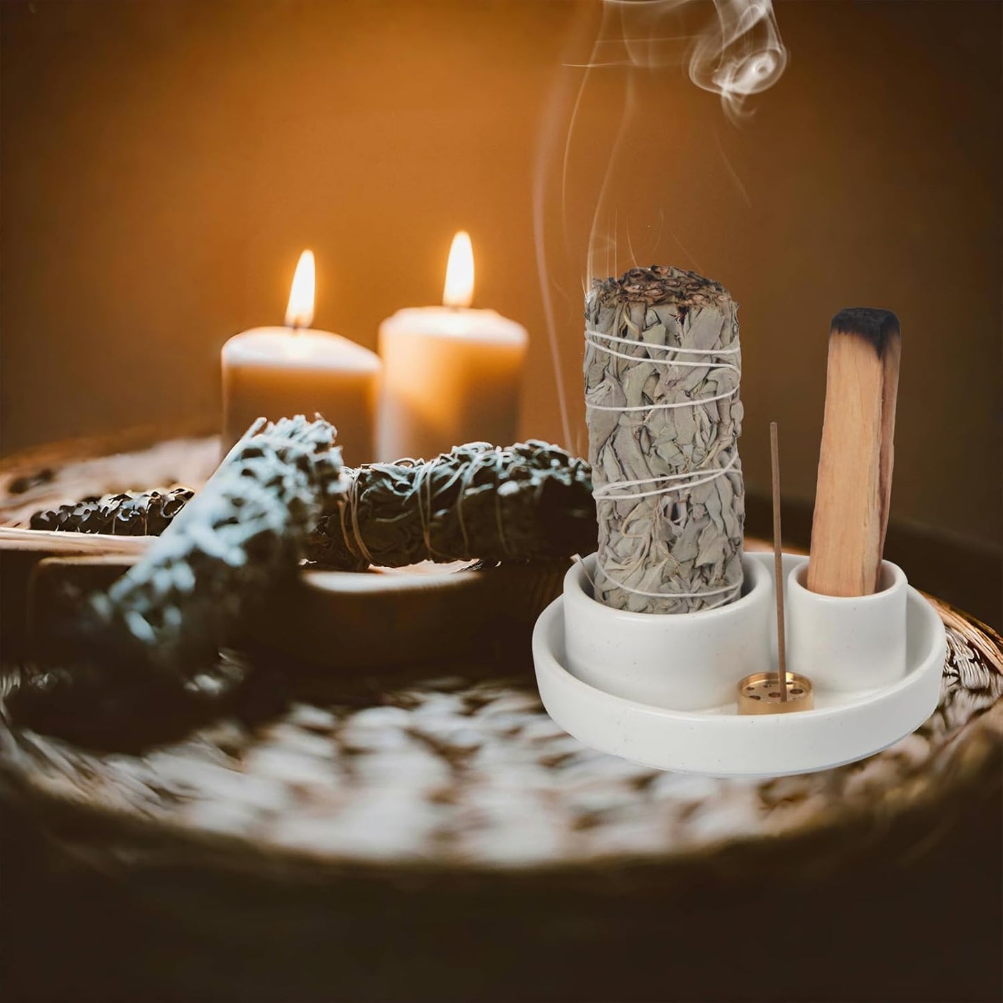 4 in 1 Incense Holder, Palo Santo Stick Holder,Sage Holder for Burning- 4.25" Sage Incense Holder for Meditation Room Home Decor (White Speckles)