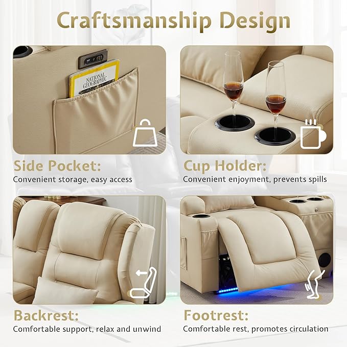 SAMERY Power Loveseat Recliner Sofa with Adjustable Split Back, USB Charging, Bluetooth Speakers & LED Lighting – Home Theater Seating with Storage, Cup Holders, Beige Fabric Loveseat Recliner