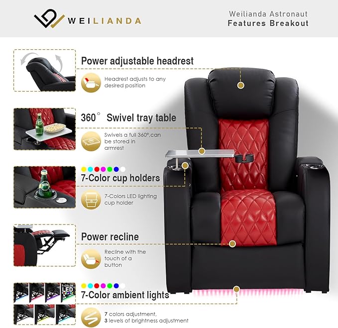 Home Theater Seating, Top Grain Leather Movie Seats Recliner Chair, Zero Gravity Reclining Gaming Sofa with Power Headrest 7 Colors Ambient Lighting 2 Seats Loveseat Black Dark Red