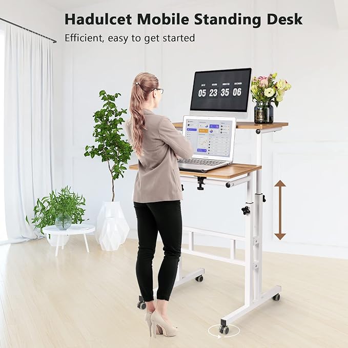 Hadulcet Standing Desk for Walking Pad, Small Portable Standing Desk Adjustable, Rolling Computer Cart, Walking Pad Stand on Wheels, Stand Up Table for Over Treadmill & Drawing, Vintage Oak