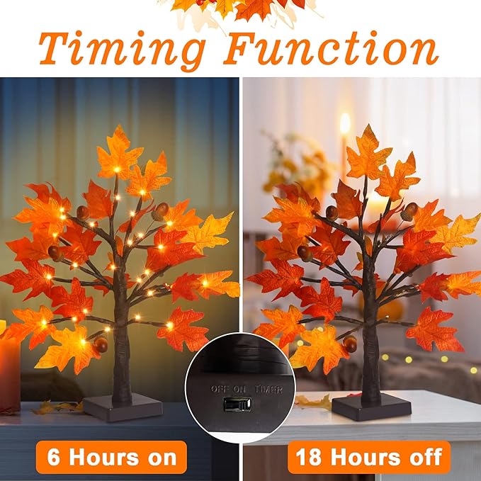 FastDeng 1.5ft Lighted Maple Tree-Artificial Fall Tree Light, Timer 36 LED Warm White Autumn Tabletop Tree Lights Battery Operated for Indoor Fall Harvest Home Decor, Thanksgiving Decorations (2Pack)