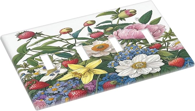 Spring Watercolor Flower Plant Strawberry Peony Floral Light Switch Covers Quad Toggle 4 Gang Wall Plate Decorative Switch Plates Electrical Faceplate for Bedroom living Room Decor