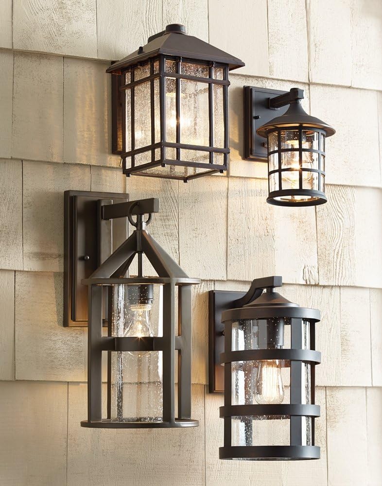 kathy ireland Sierra Craftsman Art Deco Outdoor Wall Light Fixture Rubbed Bronze Brown Steel 11" Frosted Seeded Glass Panels for Exterior House Porch Patio Outside Deck Garage Front Door Home