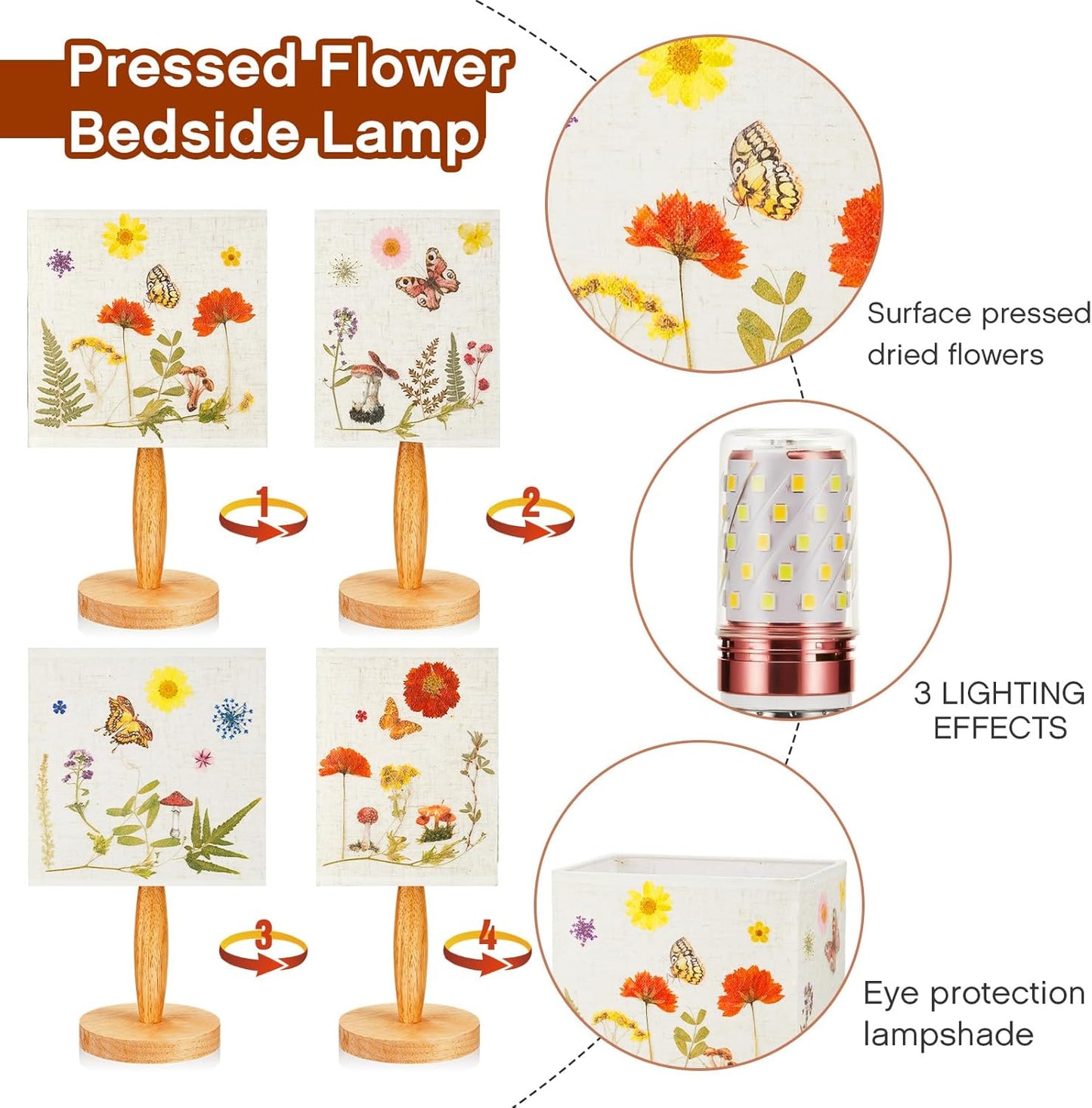 Hortsun Pressed Floral Lamp Floral Bedside Lamp Vintage Flower Desk Lamp for Bedroom Living Room, Dorm, Home, Office Decor(1 Pcs, Vibrant Style)
