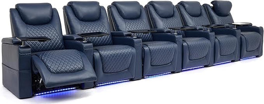Home Theater Seating Seats, Theater Recliner Chair Sofa Game Movie Theater Chairs with 7 Colors Ambient Lighting, Lumbar Pillow, Side Pocket, Tray Table, Power Recline,Blue