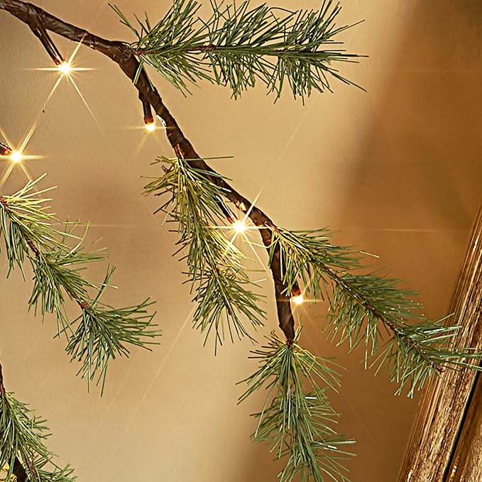 LITBLOOM Lighted Christmas Pine Garland Battery Operated with Timer 6FT 48 Warm White LED Lights for Fireplace Mantle Christmas Holiday Decoration Indoor Outdoor