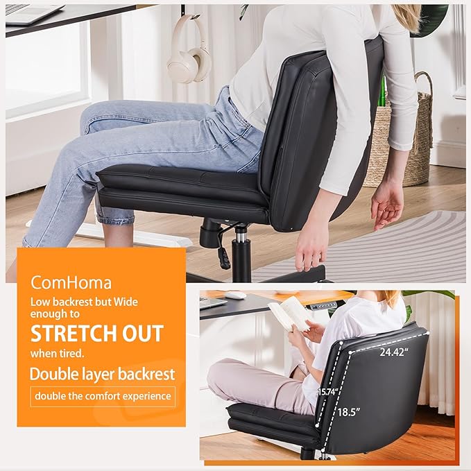 COMHOMA Cross Legged Office Chair with Wheels Armless Office Desk Chair, Modern Vanity Computer Task Chairs for Home Bedroom, Comfortable Wide Seat for Lower Back Pain Relief, PU Leahter, Black