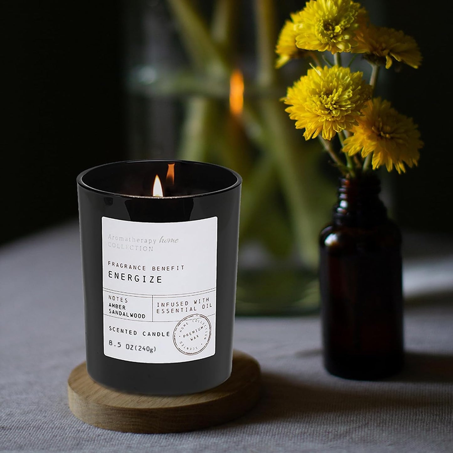 Sandalwood Candle, Sandalwood & Amber Scented Candles,Soy Wax Black Candles for Home Scented,Candle Gift for Men Women,8.5oz