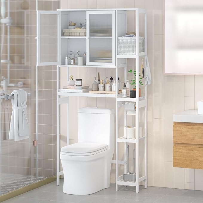 Over The Toilet Storage Cabinet Above Toilet Bathroom Organizer with Toilet Paper Holder Stand Bath Organizer with Adjustable Shelves & Acrylic Doors,Anti-Tip Device (White, 3 Tiers with Cabinet)
