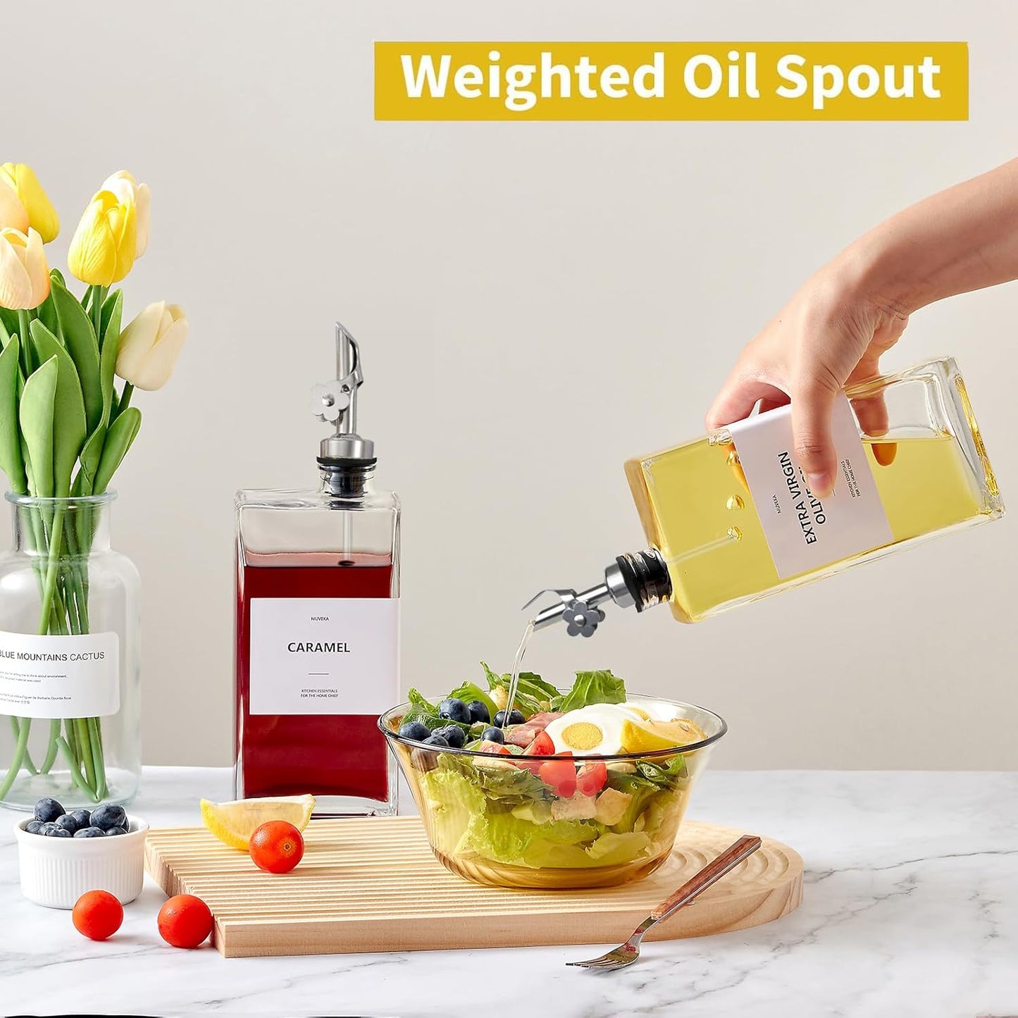 Olive Oil Dispenser Bottle for Kitchen, 16.9 oz/ 500 ml Vinegar Dispenser, Cooking Oil Dispenser Set, Glass Cruet with Pourer Spouts for Vinegar, Coffee Syrup Dispenser