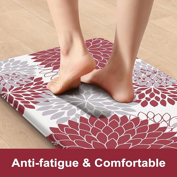 KIMODE Anti Fatigue Kitchen Mat 17.3"x29", Farmhouse Padded Kitchen Floor Mats Non Slip, Waterproof Kitchen Mat for Floor, Comfort Standing Mat for Laundry, Office, Sink, Desk Red and Grey