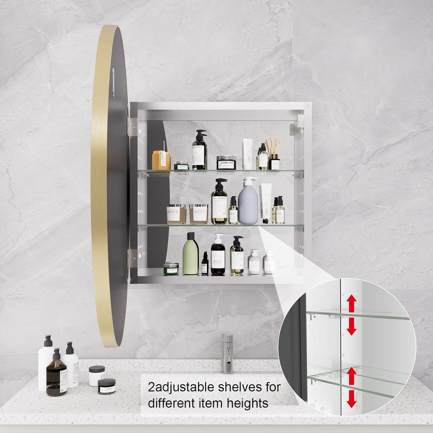 HOMECOOKIN Bathroom Gold Mirror Medicine Cabinet, 28 Inch Wall Mounted Aluminum Alloy Metal Framed with Storage