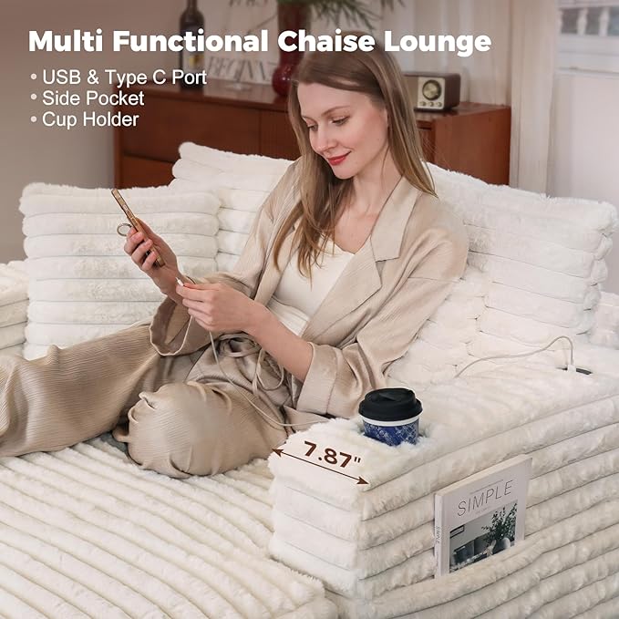 HUSFU Chaise Lounge Chair Indoor, 60'' Oversized Sleeper Sofa, Chaise Lounge Reading Chairs for w/Cup Holder and USB&Type C Port, Fluffy Plush Faux Fur Cloud Sofas Couches for Living Room, Beige, 2PCS