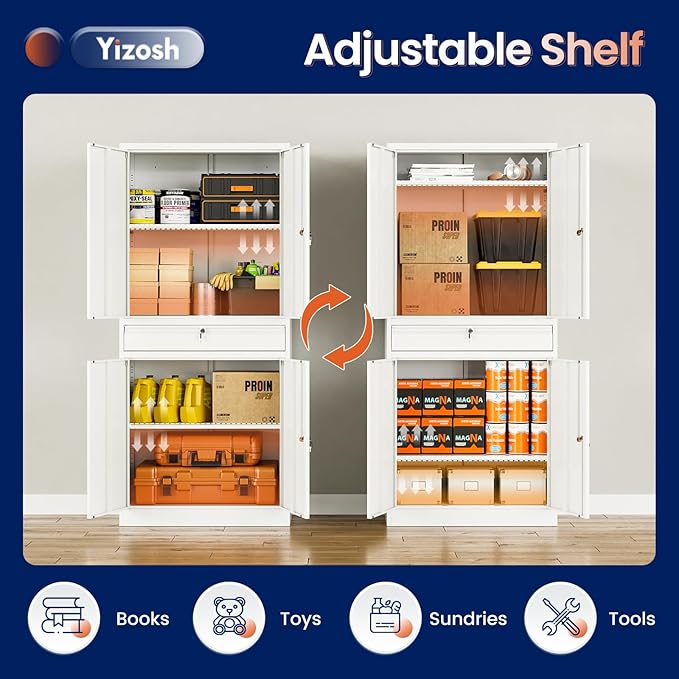 Yizosh Metal Garage Storage Cabinet with Locking Doors and Adjustable Shelves, 71" Tool Storage Cabinet with 1 Drawer for Garage,Office,Warehouse (White)