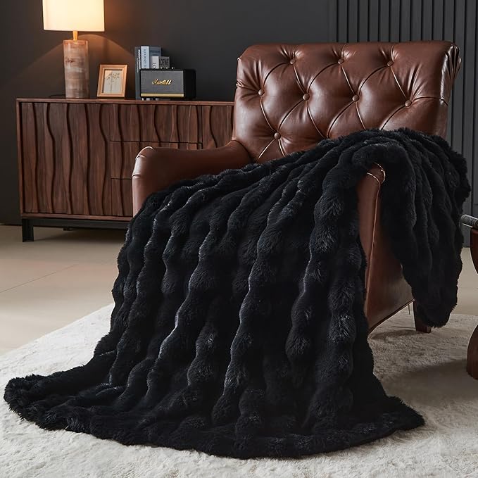Lotus Karen Queen Size Faux Fur Blanket - Big Bubble Rabbit Fluff, 90x90 Inches