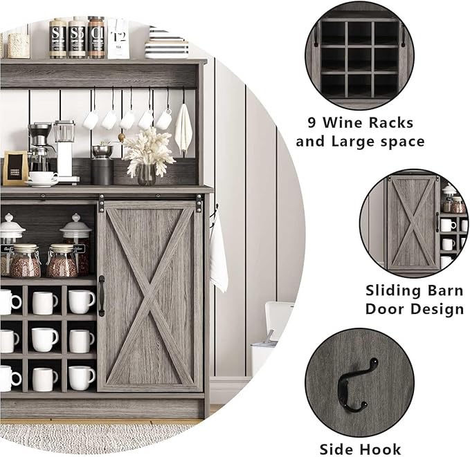 4ever2buy Farmhouse Coffee Bar Cabinet with Hutch and 6 Hooks, 47 Inch Wine Bar with Storage, Buffet Cabinet with Adjustable Shelves&9 Wine Racks, Kitchen Buffet Cabinet for Dining Living Room, Grey