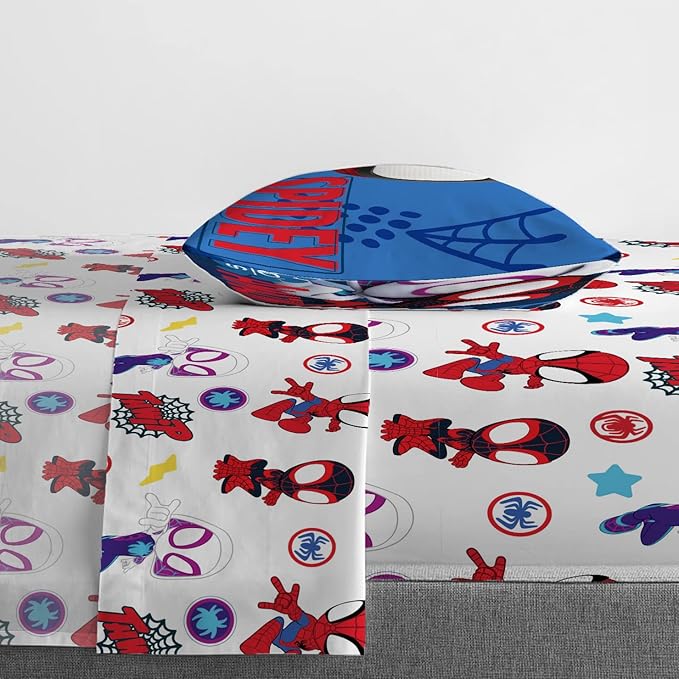 Jay Franco Kids Sheet Set with Fitted, Flat Sheets & Pillow Cover - Ultra-Soft Bedding with Pillowcase for Room Decor, White - Spidey & Friends, 3 Piece Toddler