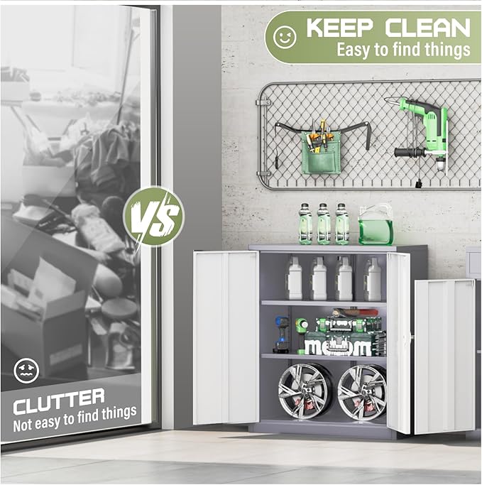 SUNCROWN Metal Storage Cabinets, 36”Locking Cabinet with Doors and Adjustable Shelves, Steel Utility Tool Garage Cabinets for Home, Office, Kitchen,Warehouse （Grey & White）